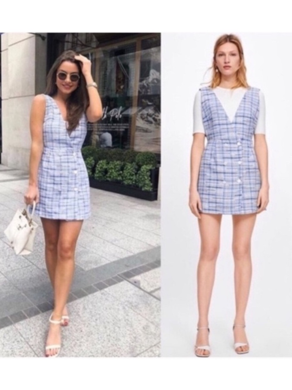 ZARA Blue and White Tweed Plaid Pinafore Mini Dress Medium Double Breasted